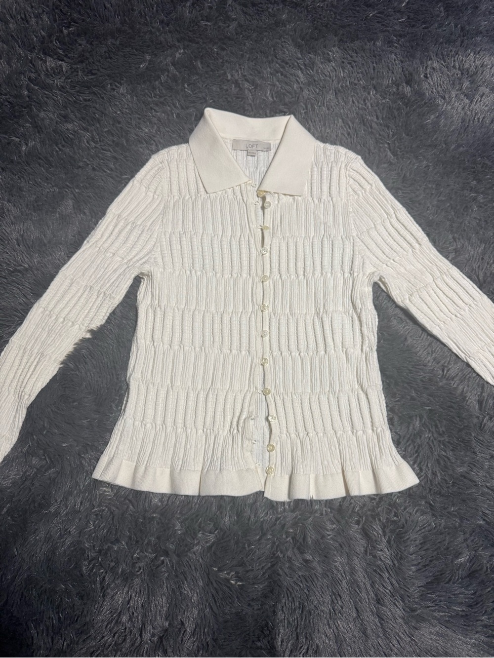 LOFT Cream Collared Ruffle-Hem Button Cardigan